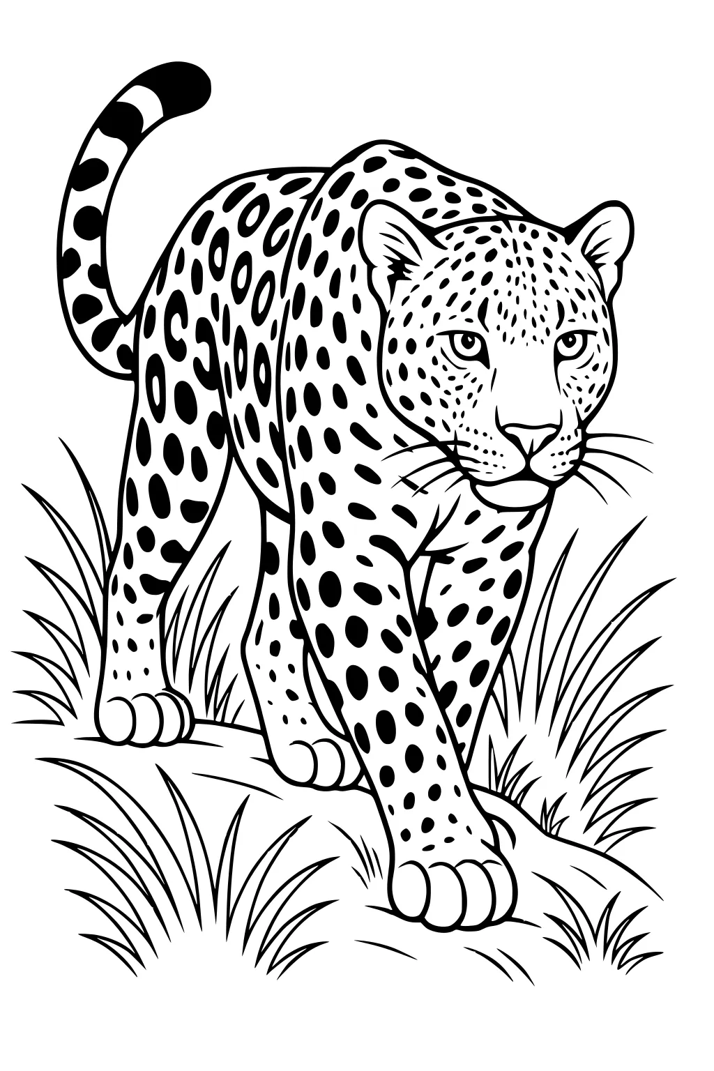 Leopard with spotted fur and striped tail walking in tall grass, front paw extended, face looking forward.