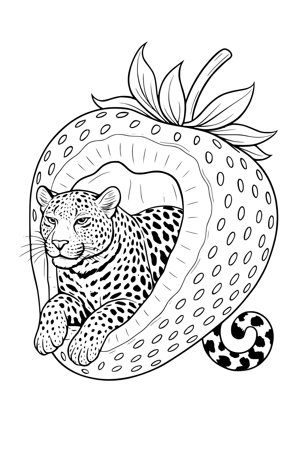 Leopard resting inside a large strawberry with leafy top, front paws visible, tail curled outside.