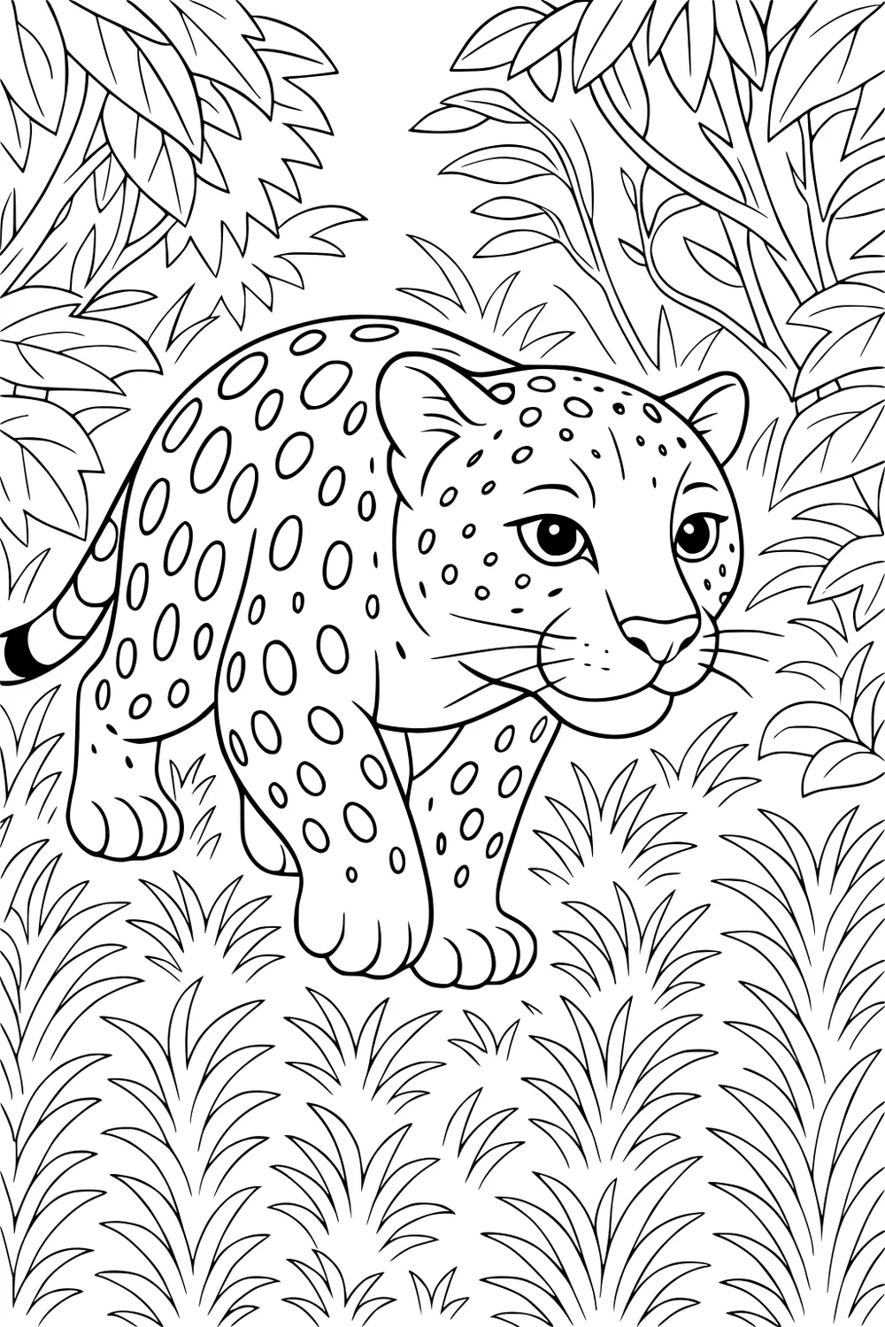 Leopard with spots walking in tall grass, surrounded by large leafy plants.