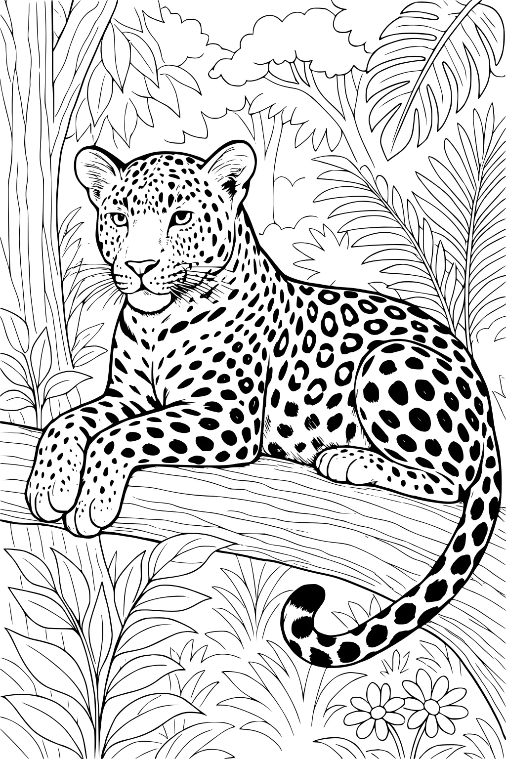 Leopard with spots relaxing on a tree branch, surrounded by jungle plants and flowers.