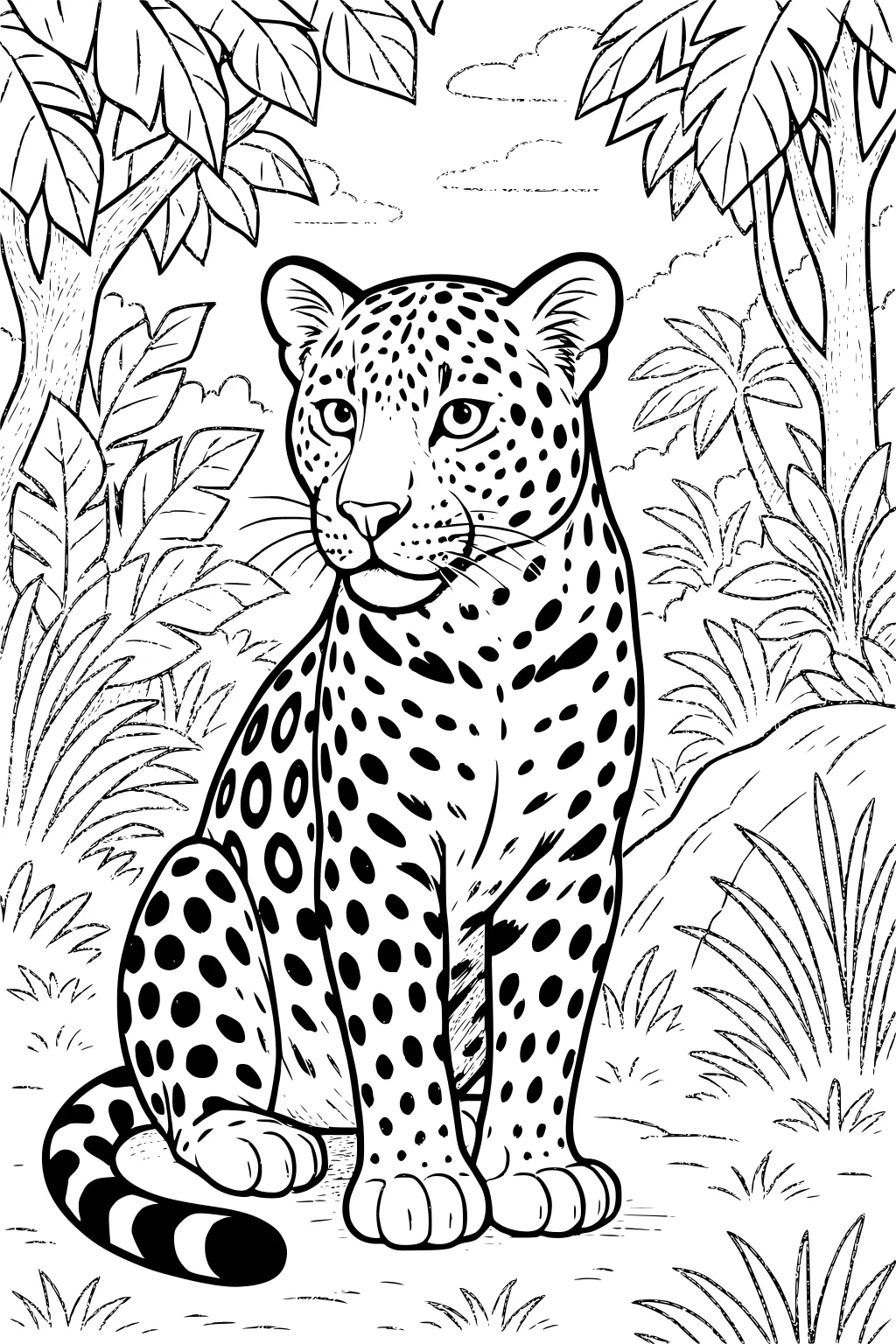 Leopard sitting in the jungle with spotted fur, curled tail, large paws, trees, and plants surrounding him.