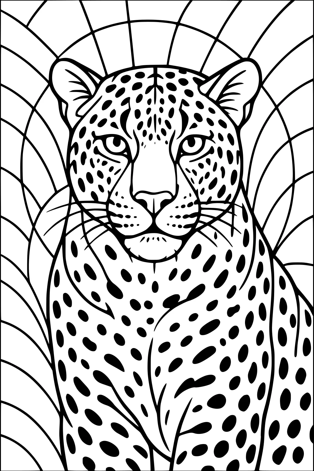 Leopard with spotted fur sitting upright, face forward, with rounded ears and a pattern of arcs in the background.
