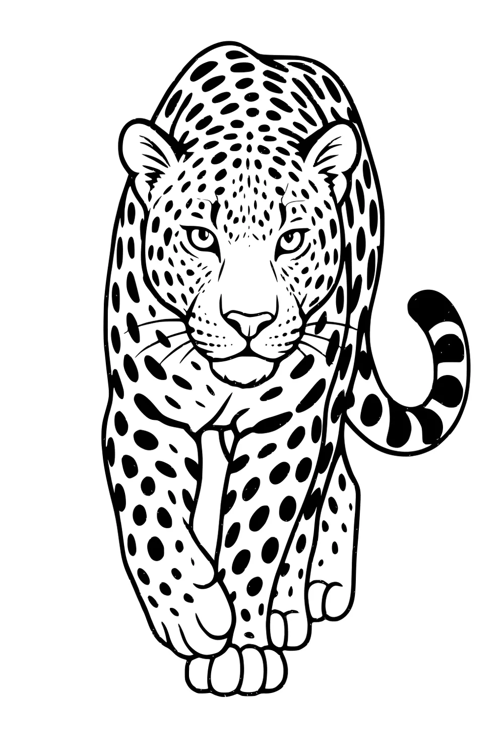 A leopard with round ears, bold spots, and a striped tail walks forward, filling most of the page.