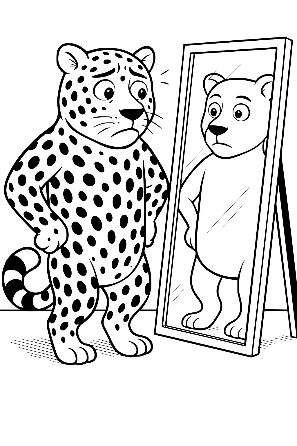 Spotted cartoon leopard frowning at its plain reflection in a tall mirror.
