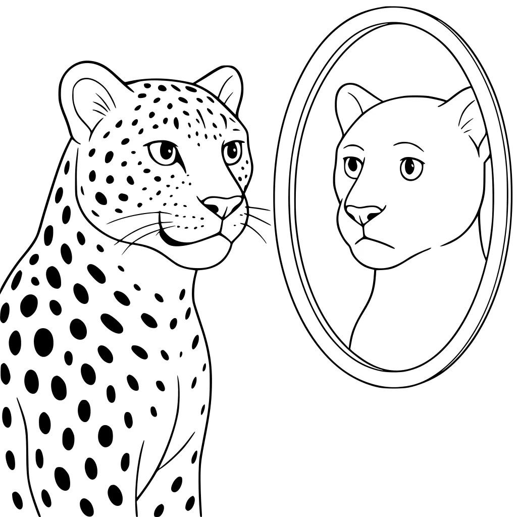 Spotted leopard looking at its own plain reflection in an oval mirror with no spots.