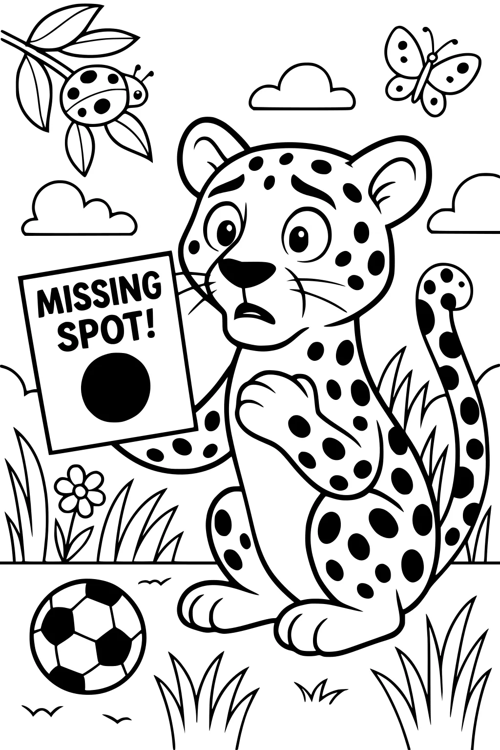 Leopard holding a missing spot sign, surrounded by grass, flowers, a soccer ball, ladybug, and butterfly.