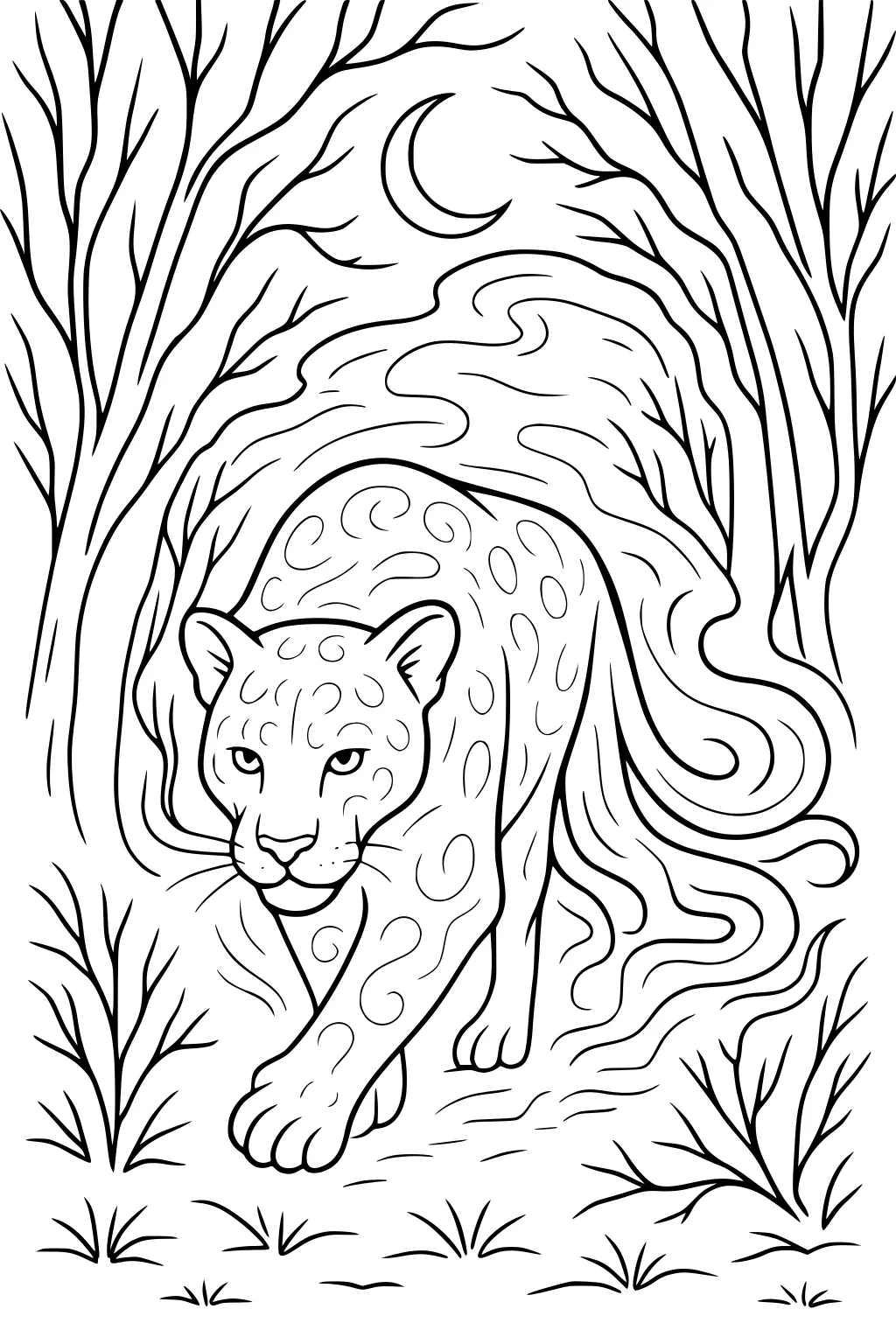 Leopard with spots prowling forward through bare trees and grasses under a crescent moon.