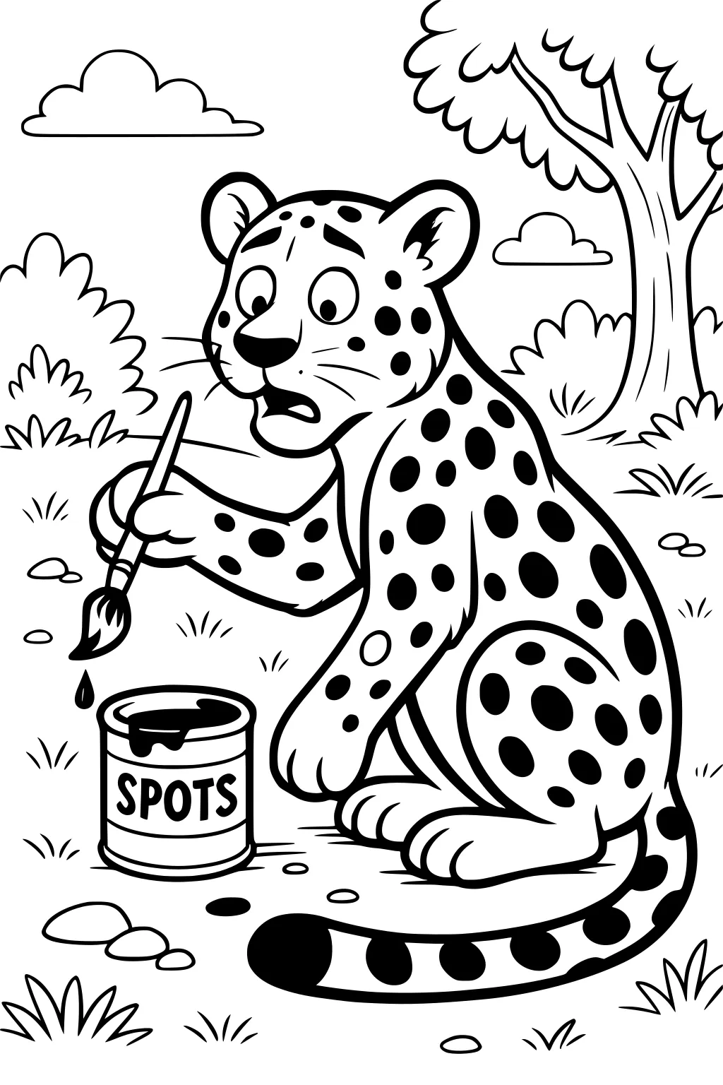 Leopard sitting in grass using a paintbrush and can labeled spots to paint black dots on his own fur.