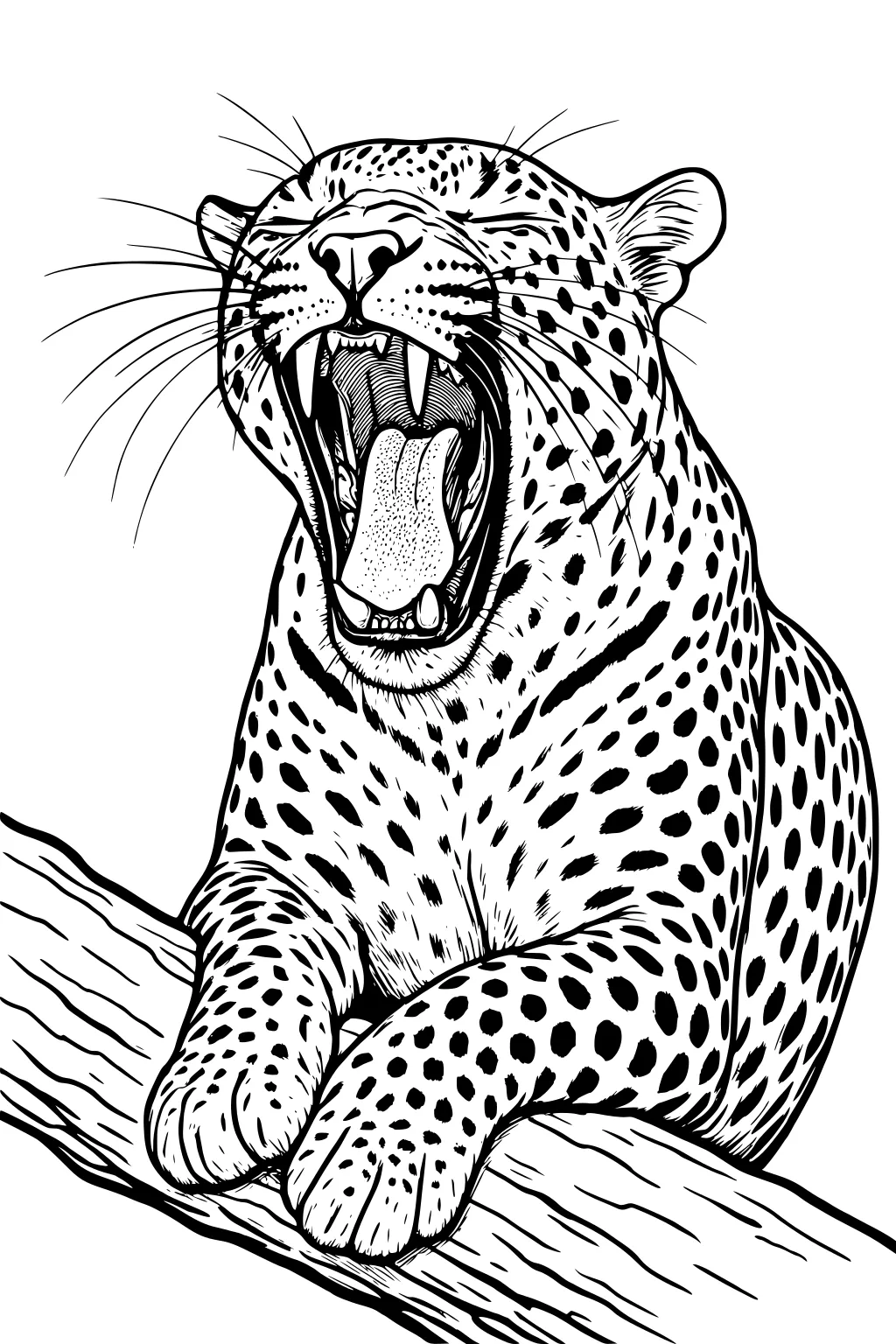 Leopard with mouth wide open, yawning on a tree branch, showing tongue, teeth, whiskers, and detailed spots.