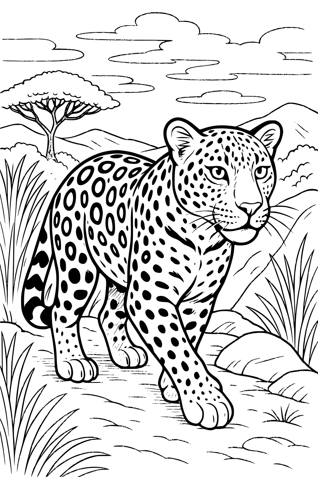 Leopard with spots walks through grassy savanna with one tree, distant hills, rocks, and clouds in the sky.