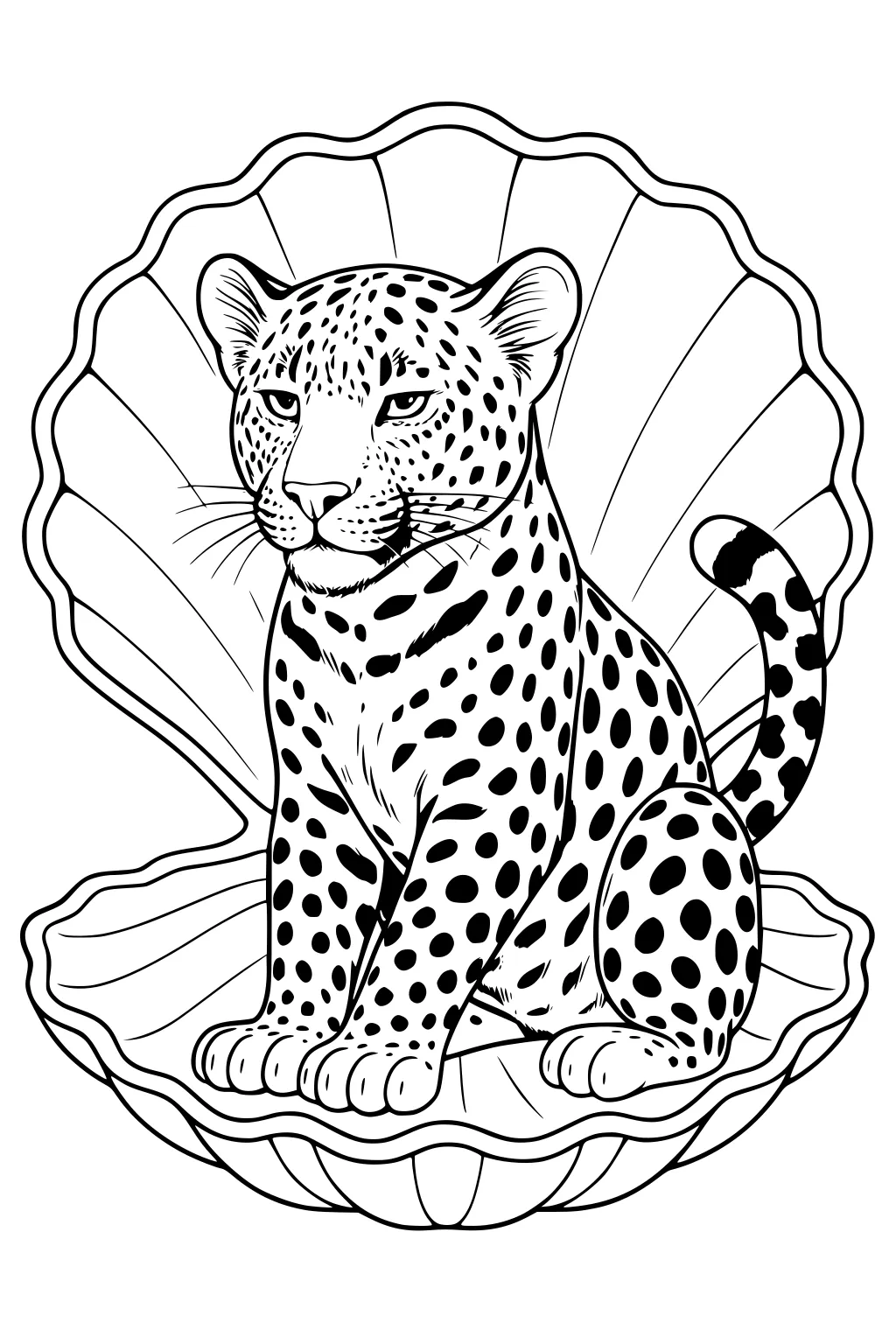 Leopard sitting in a large open shell, spots covering fur, calm face, paws and tail visible.
