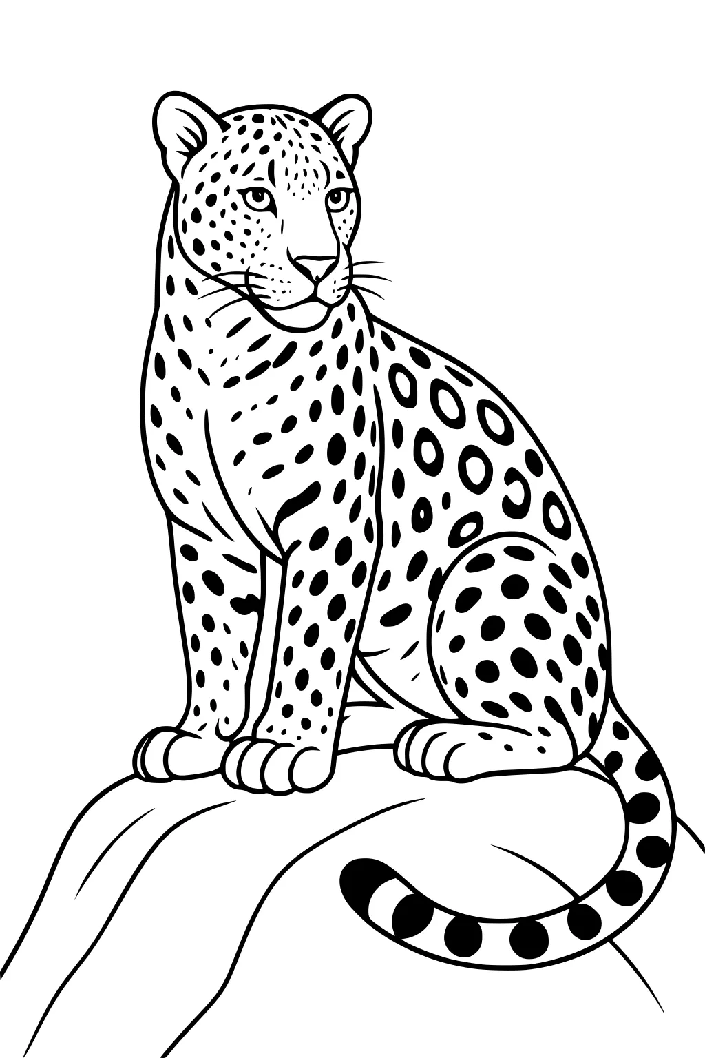 A spotted leopard sitting on a rock with its tail curled around and looking ahead with an alert expression.