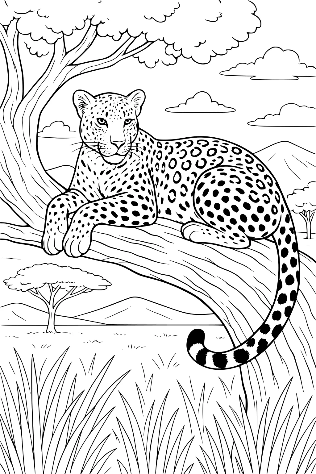 Leopard resting on a tree branch over tall grass with savannah trees, mountains, and clouds in the distance.