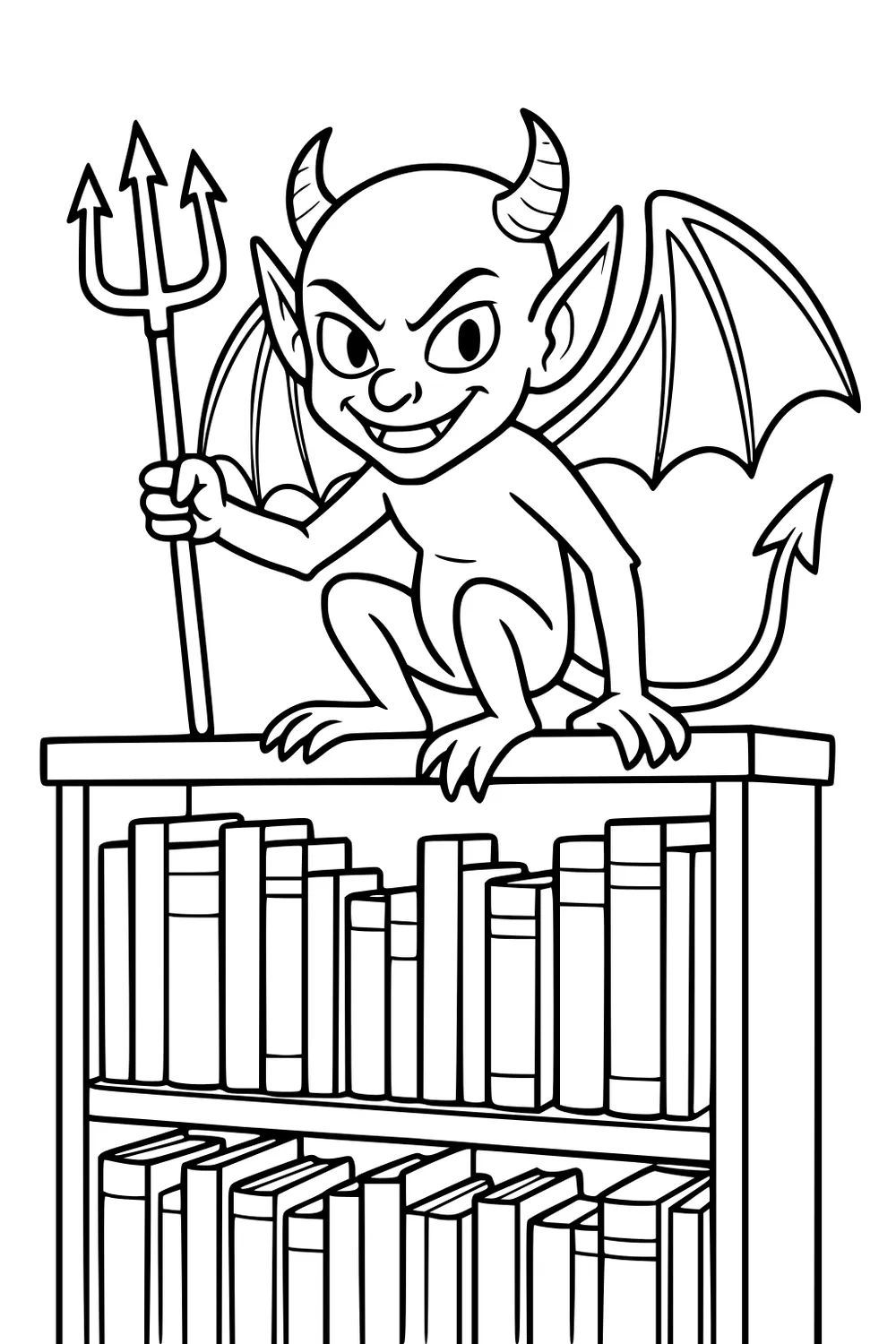 Goblin boy with horns, wings, and trident crouches on a bookshelf above rows of books.