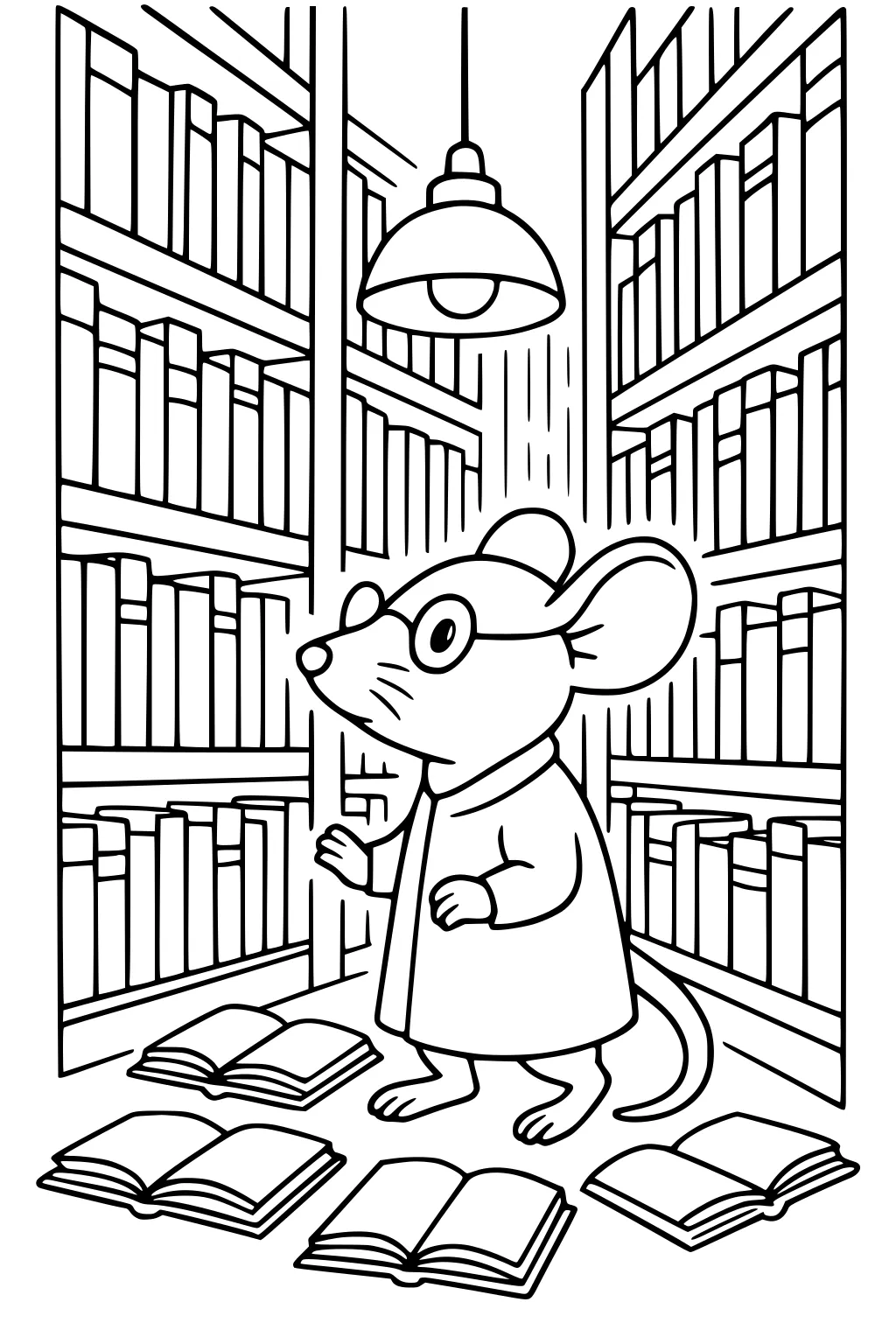 Mouse with glasses and coat in a library, open books on the floor, tall bookshelves and overhead lamp.