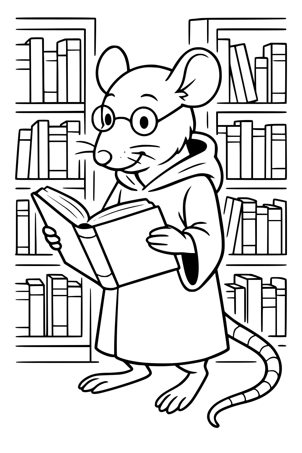 A rat with glasses and a hooded robe holds an open book while standing in a room full of bookshelves.
