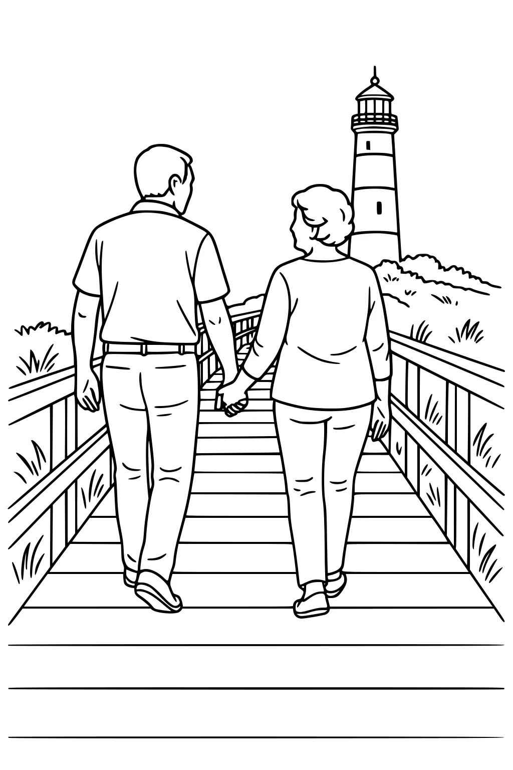 Older couple holding hands on a boardwalk toward a striped lighthouse, with railings and dune grass, viewed from behind.