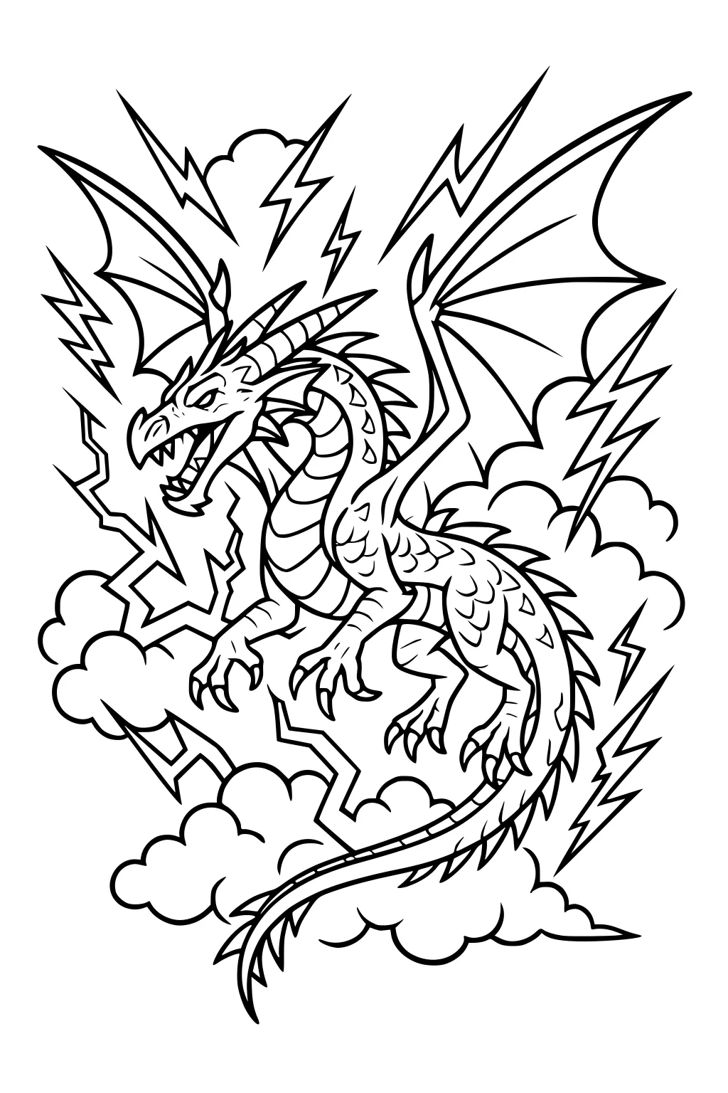 Winged dragon with horns and long tail flies among storm clouds and jagged lightning bolts, mouth open, scales and claws visible.