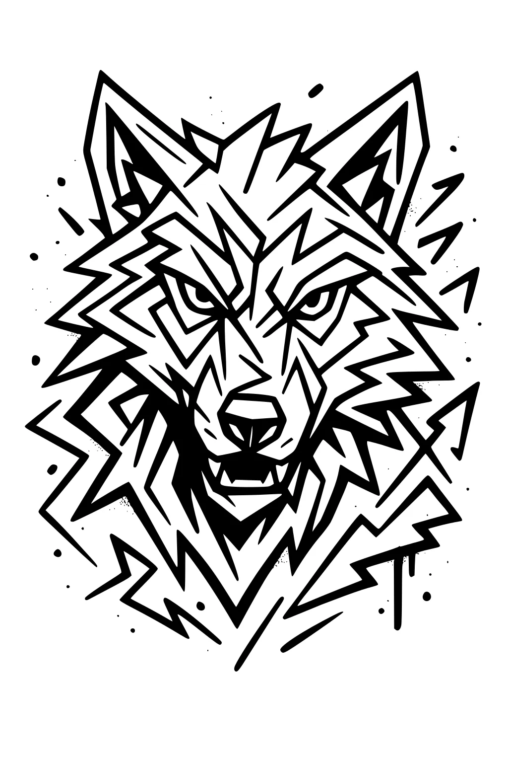 Geometric wolf head with sharp zigzag fur, pointed ears, intense eyes, and bold black outlines with paint splatter dots.