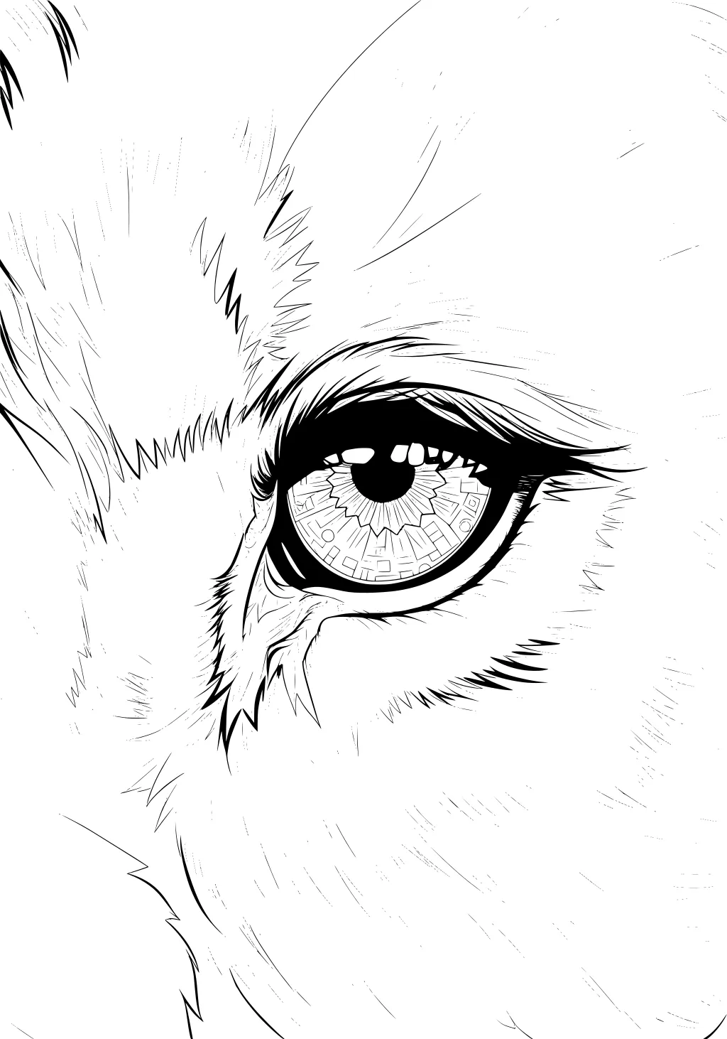 Detailed close-up of a lion's eye with swirling iris and thick fur texture around the face.