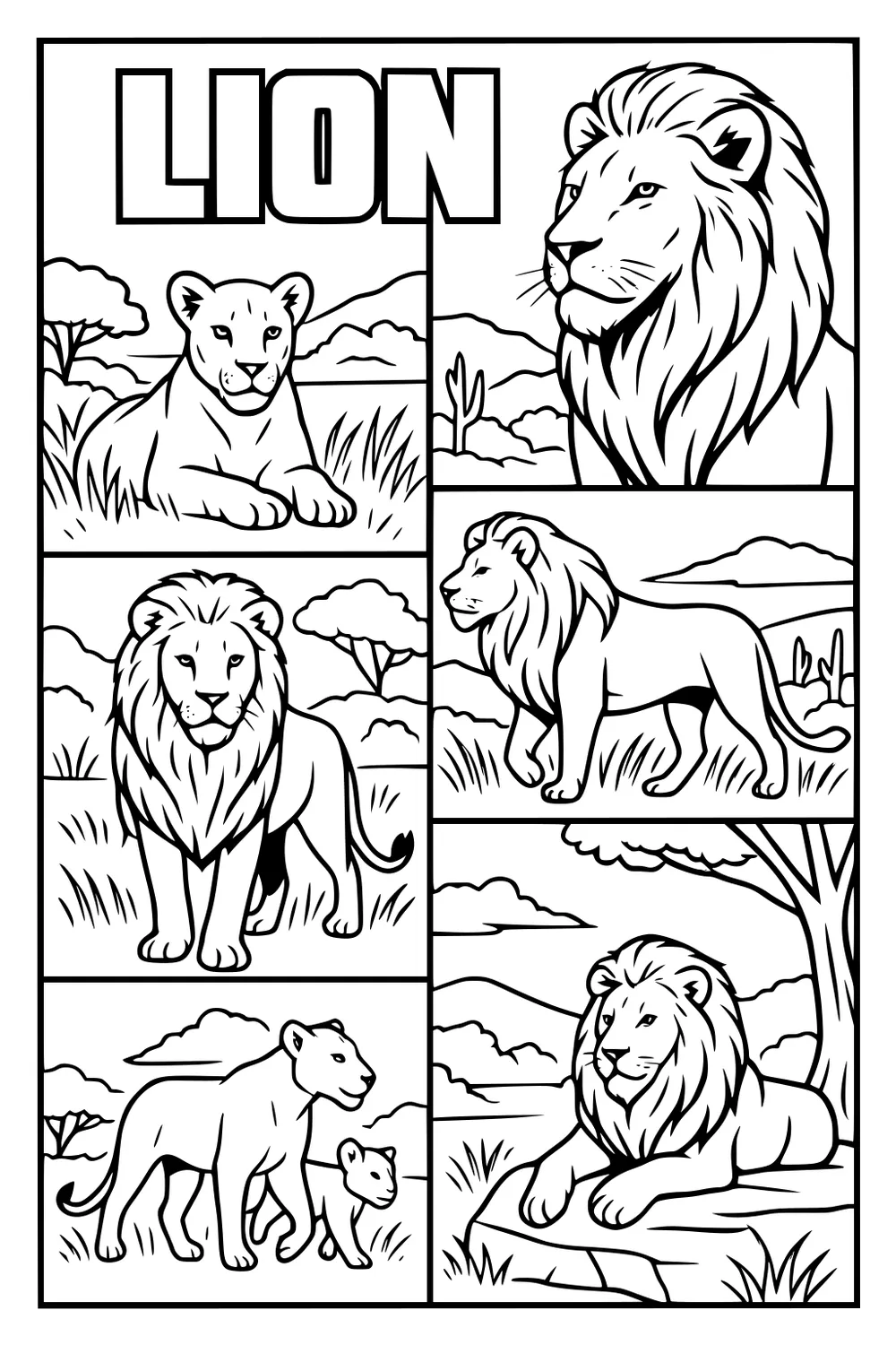 Grid of lions and lion cubs in grassy fields and savanna, with close-ups and full-body scenes.