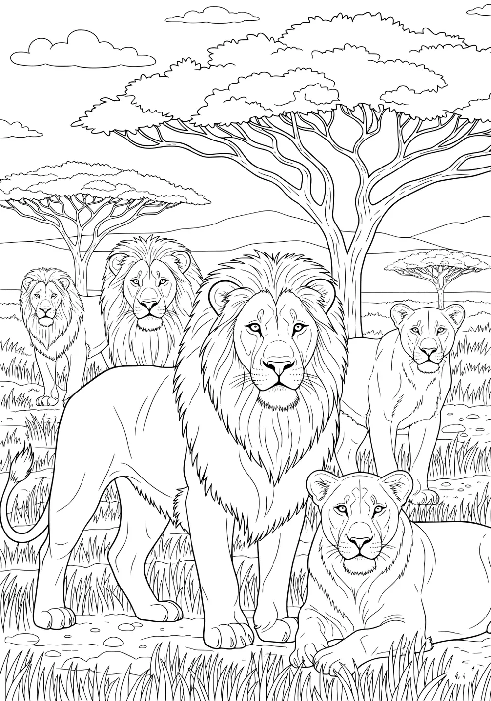 Five lions rest and stand in tall savannah grass with acacia trees and hills under a sky with clouds.