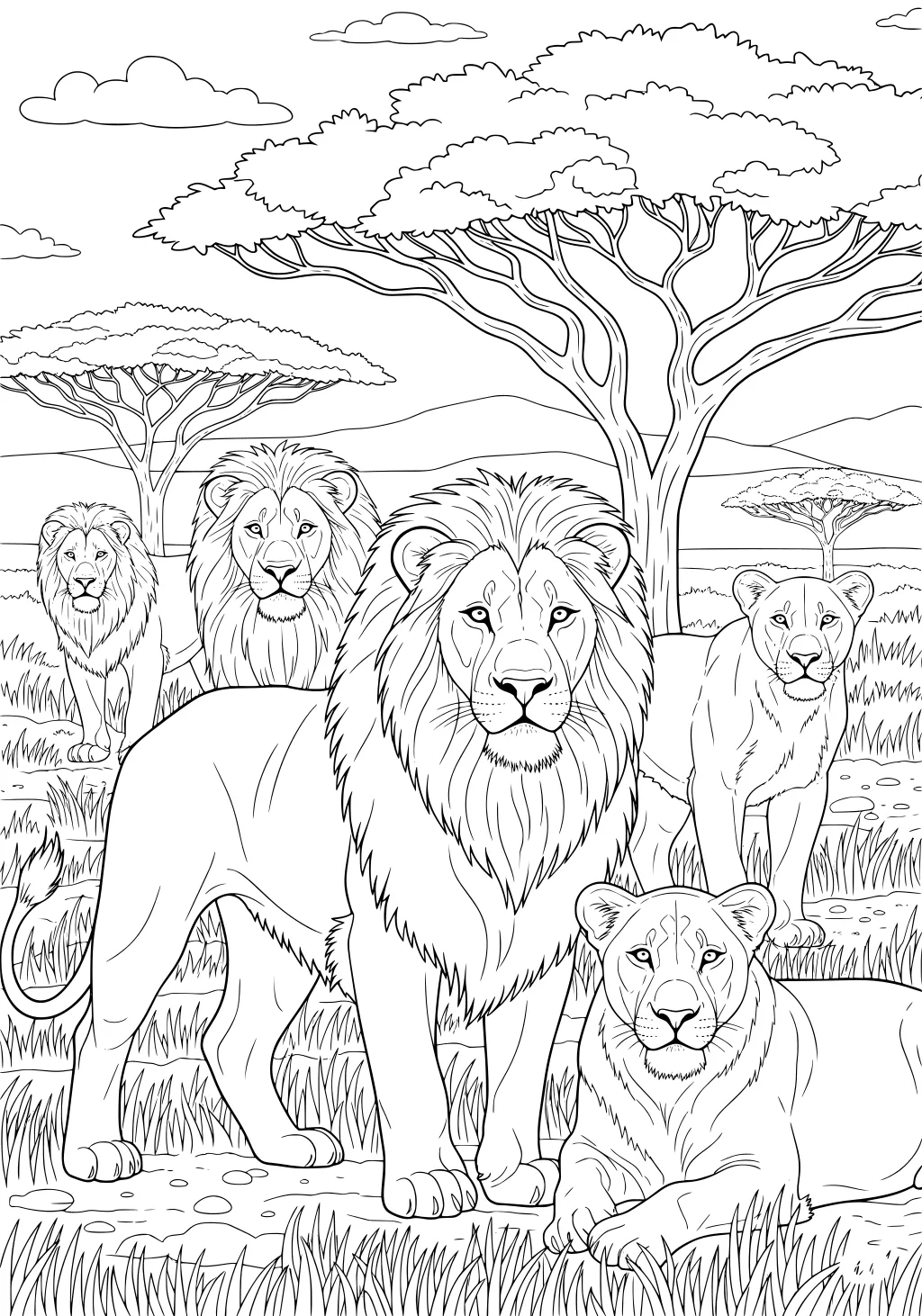 Five lions rest and stand in tall savannah grass with acacia trees and hills under a sky with clouds.
