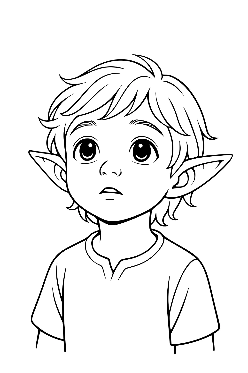 Line art of a young elf boy with pointed ears and big eyes, short tousled hair, wearing a simple shirt, gazing upward.