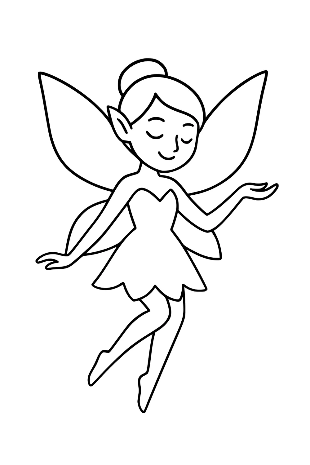 Fairy girl with bun, pointed ears, large wings, and petal dress floating, one arm out, legs bent, simple black outline on white background.