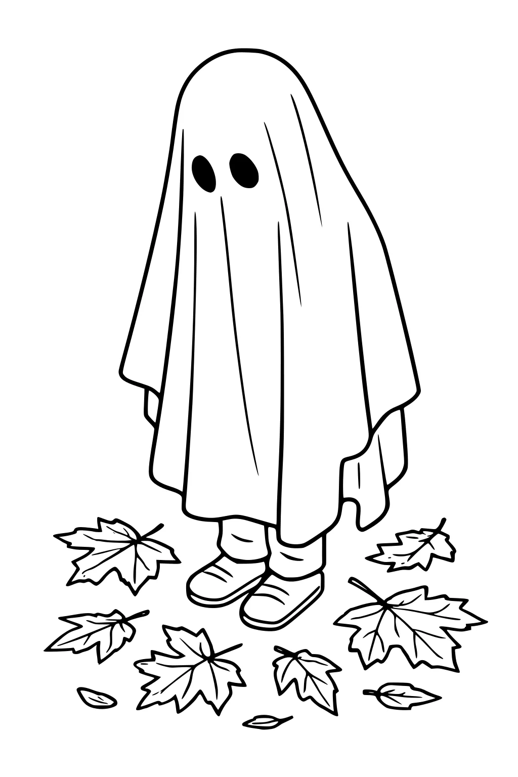 Child in a sheet ghost costume with eye holes, pants and sneakers, standing amid scattered maple leaves.