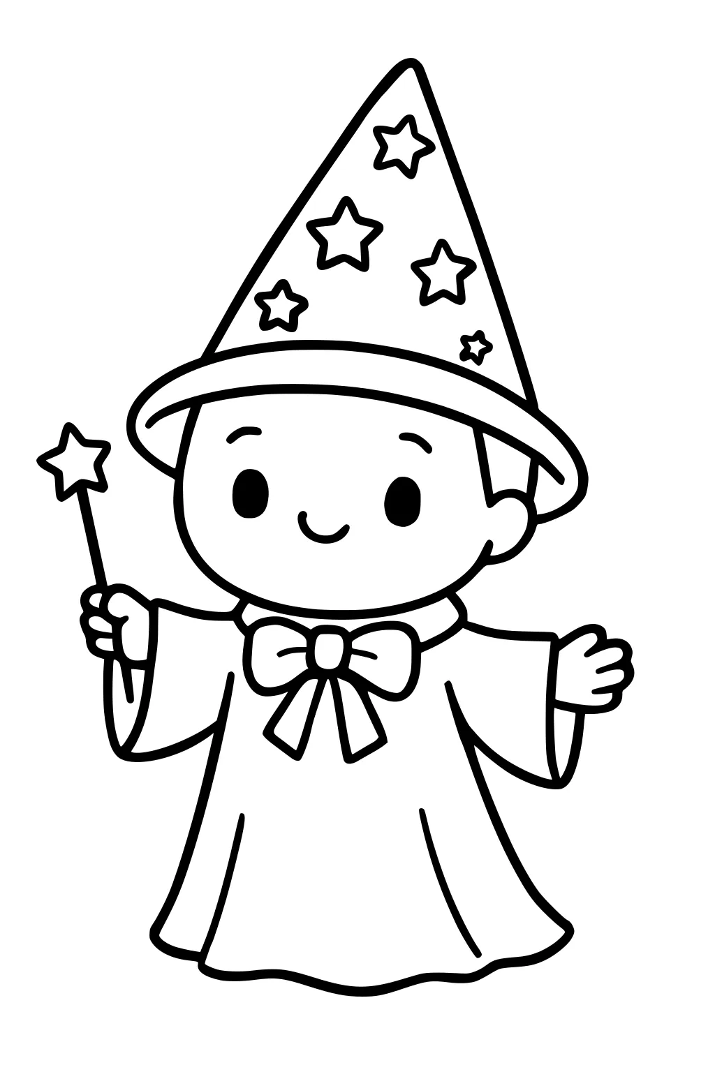 Smiling boy wizard with starry pointed hat, holding a star wand, wearing long robe with big bow and wide sleeves, simple Halloween line art.