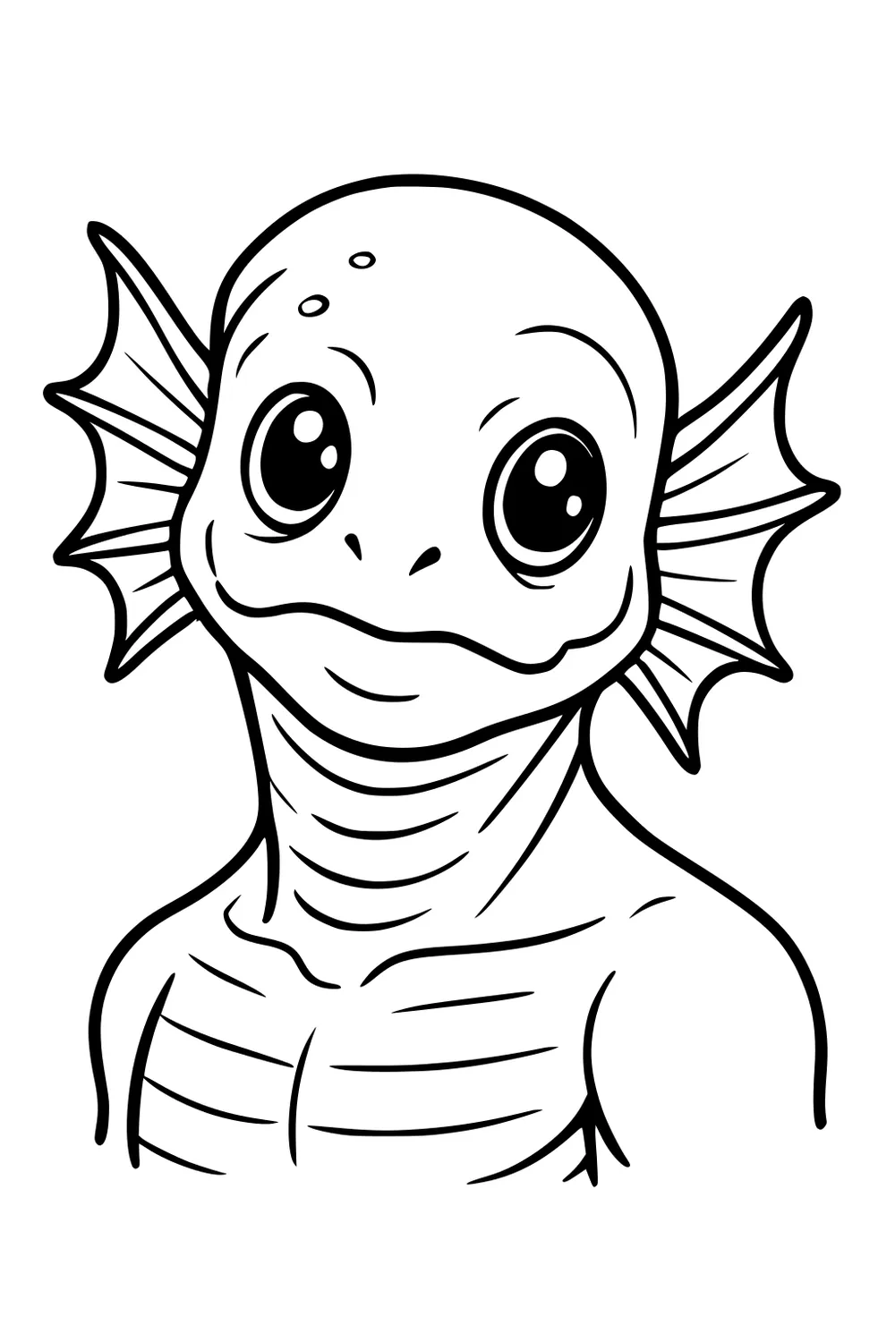 Friendly sea monster boy with big eyes, fin-shaped ears, smooth head, and ribbed neck, chest-up cartoon line art.