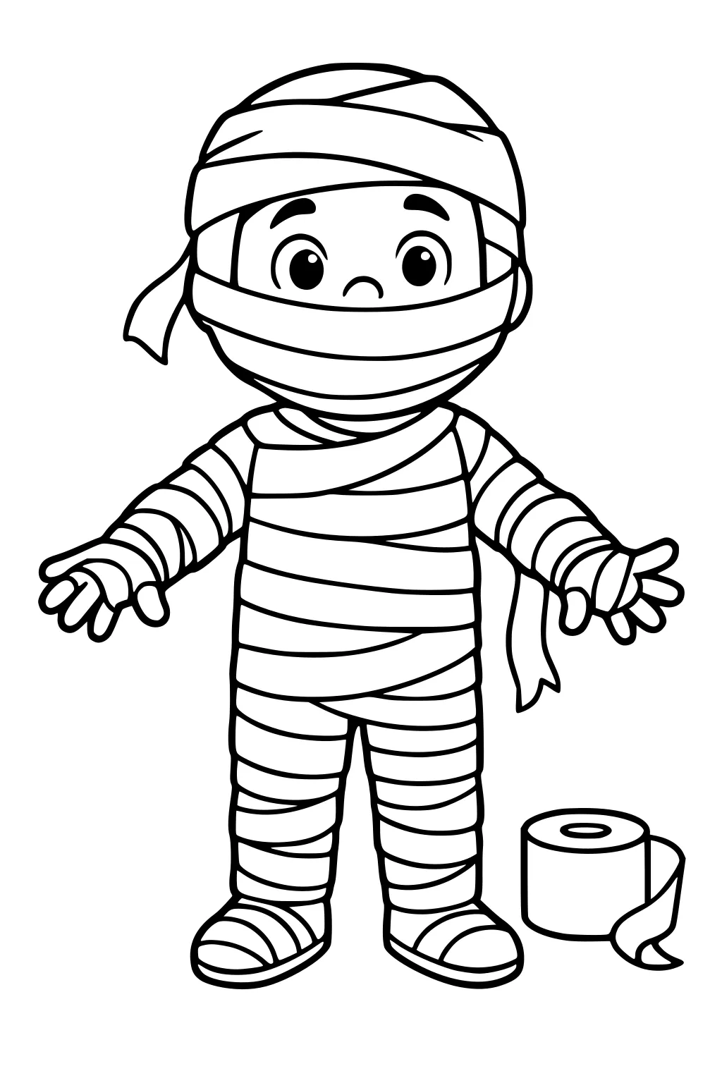 Cartoon boy dressed as a mummy, wrapped in bandages with arms out; toilet paper roll on ground, simple Halloween line art.
