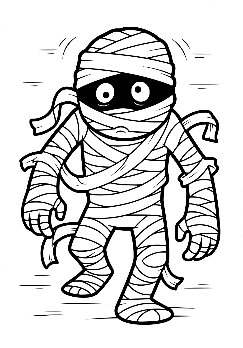 Cartoon mummy boy walking, wrapped in bandages with loose strips, big eyes peeking from a dark mask, motion lines, simple blank background.