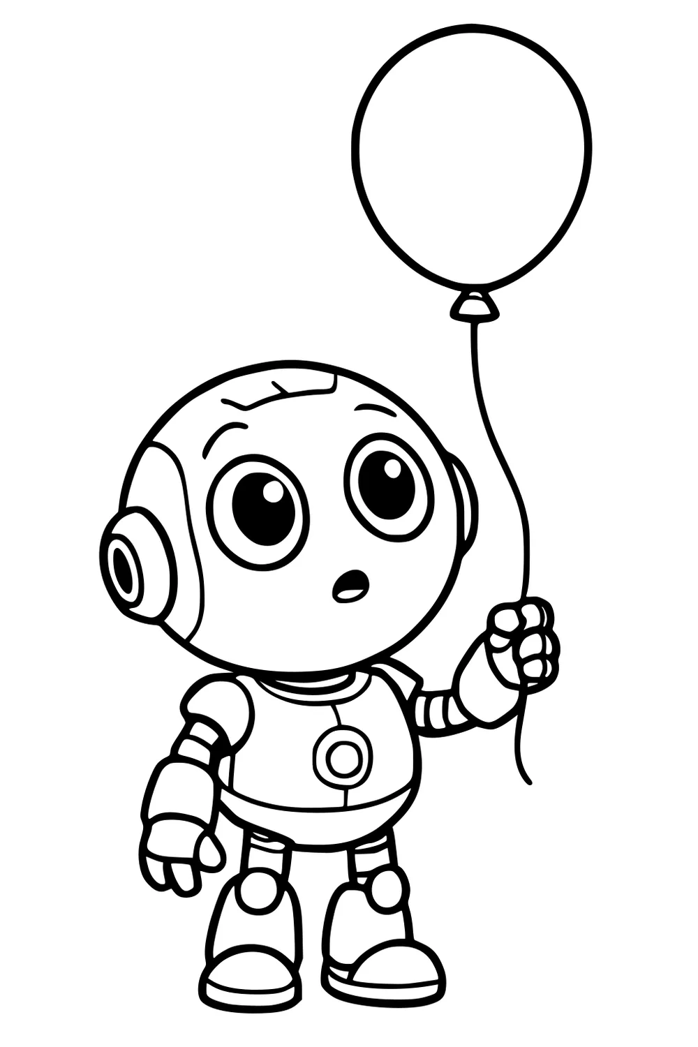 Small cartoon robot with big eyes holds a balloon by a string, looking up. Simple outlines, gloves and boots, blank background.