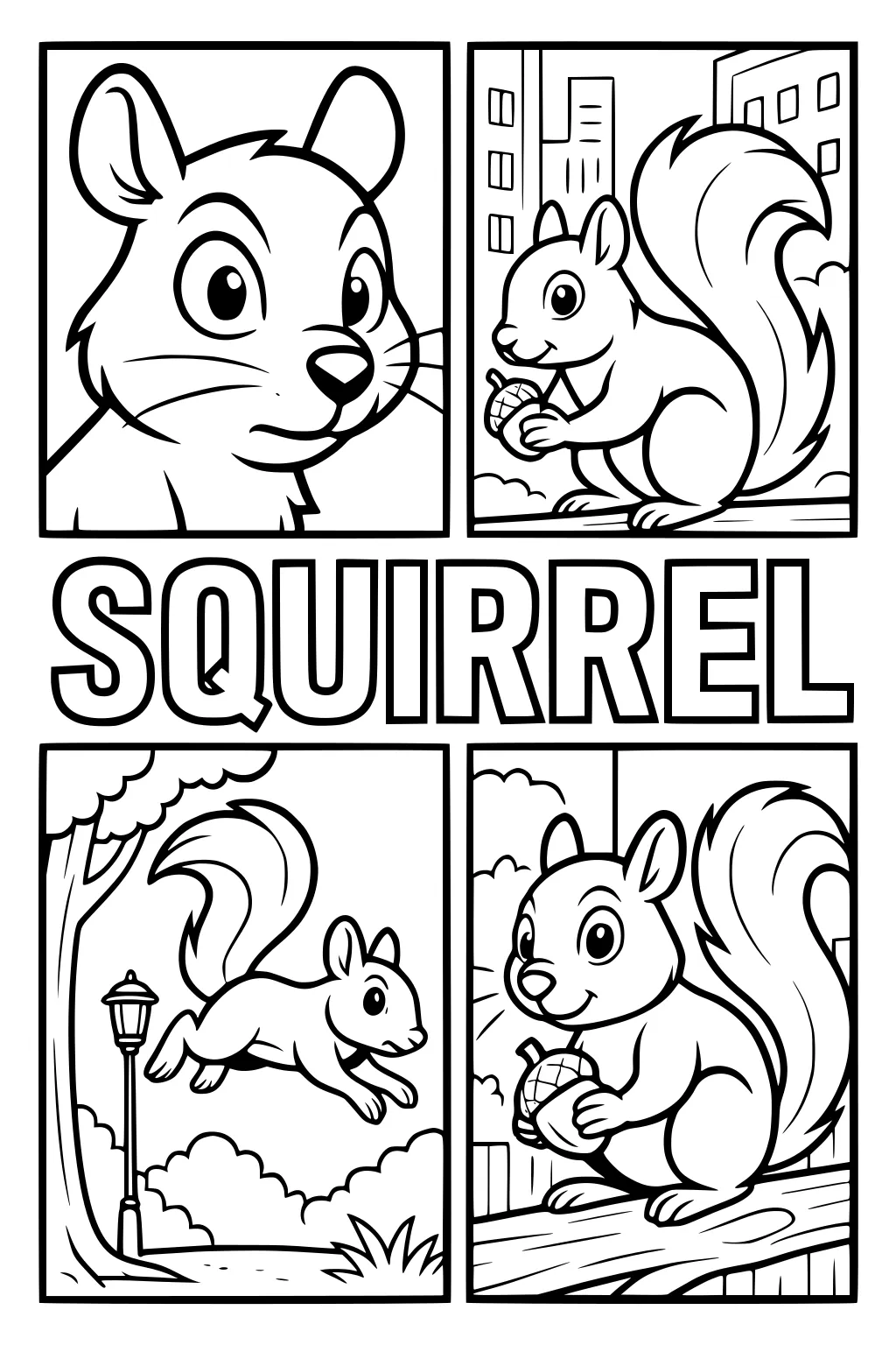 Four cartoon panels with a squirrel close-up, eating an acorn, leaping near a lamppost, and sitting on a branch with city and park backgrounds.