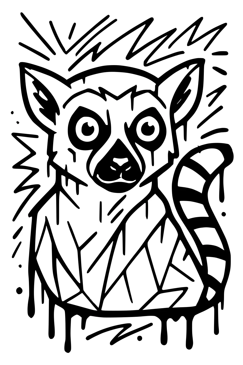 Cartoon lemur with large eyes, striped tail, bold lines, zigzag shapes, and dripping details in the background.