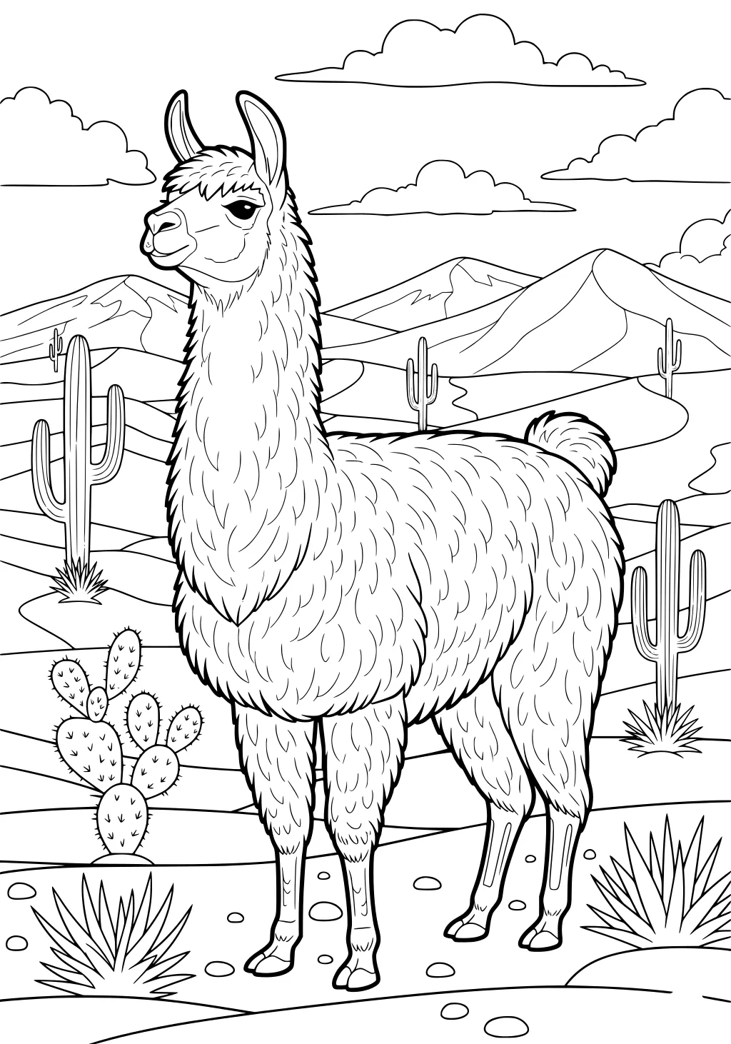 A fluffy llama stands in a desert with cactus, mountains, clouds, rocks, and spiky grass all around.