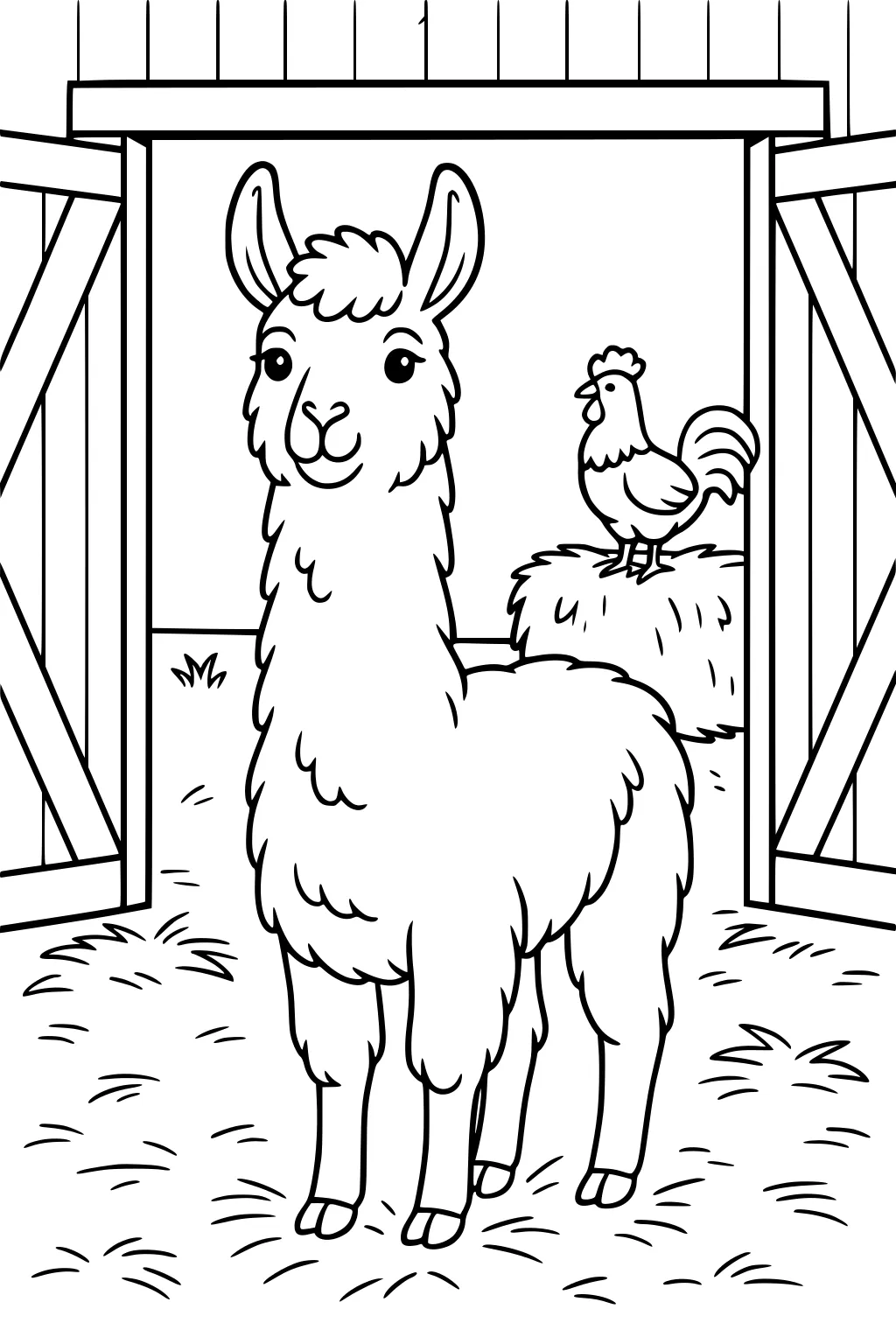 Llama in barnyard with open doors and rooster on hay bale in background.