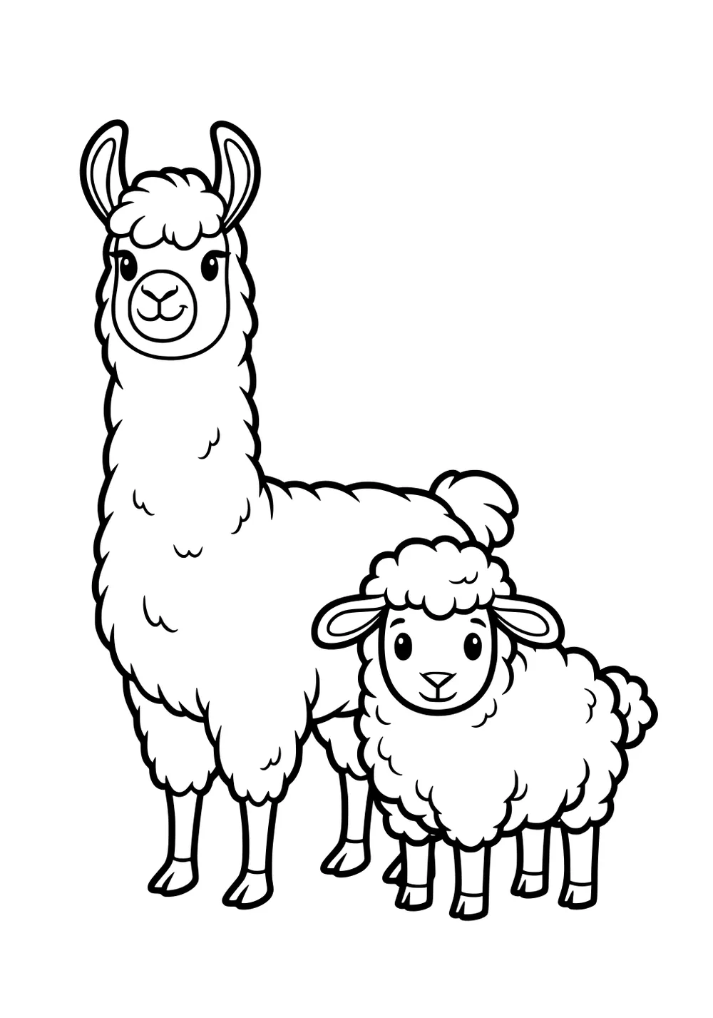 A standing llama and a lamb with curly wool, facing forward, drawn in simple black outlines.