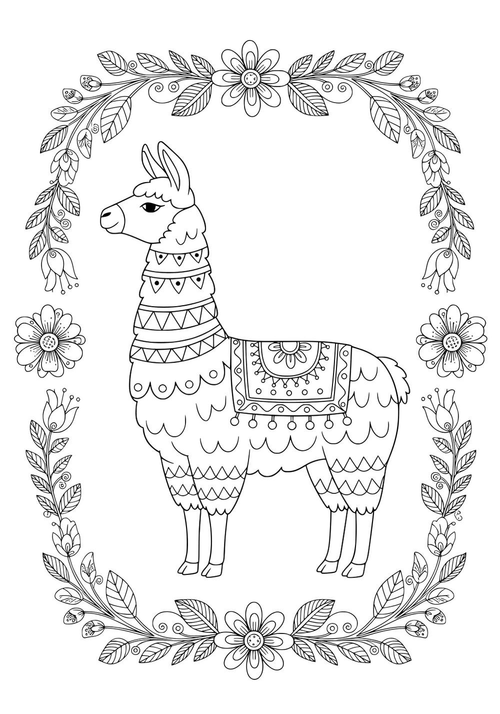 Llama with decorated blanket standing inside a flower and leaf border, with detailed patterns on body and frame.