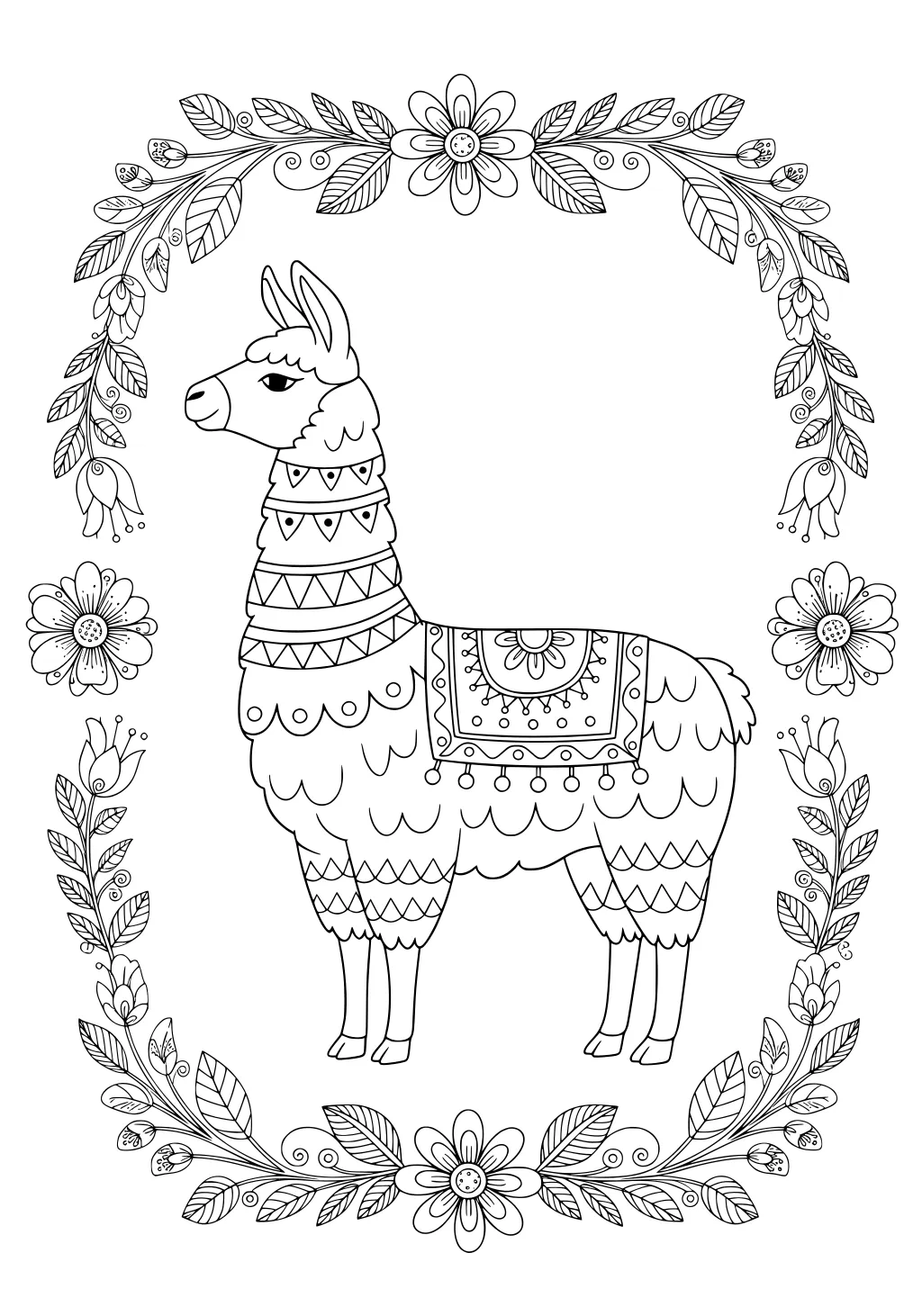 Llama with decorated blanket standing inside a flower and leaf border, with detailed patterns on body and frame.