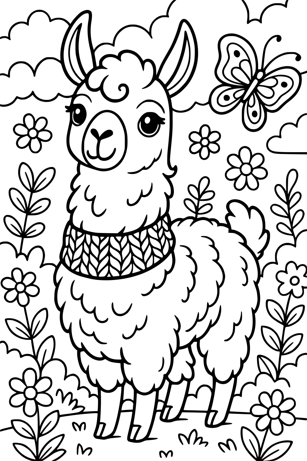 Fluffy llama with a scarf stands among flowers, leafy stems, and a butterfly under puffy clouds in a cheerful meadow scene.