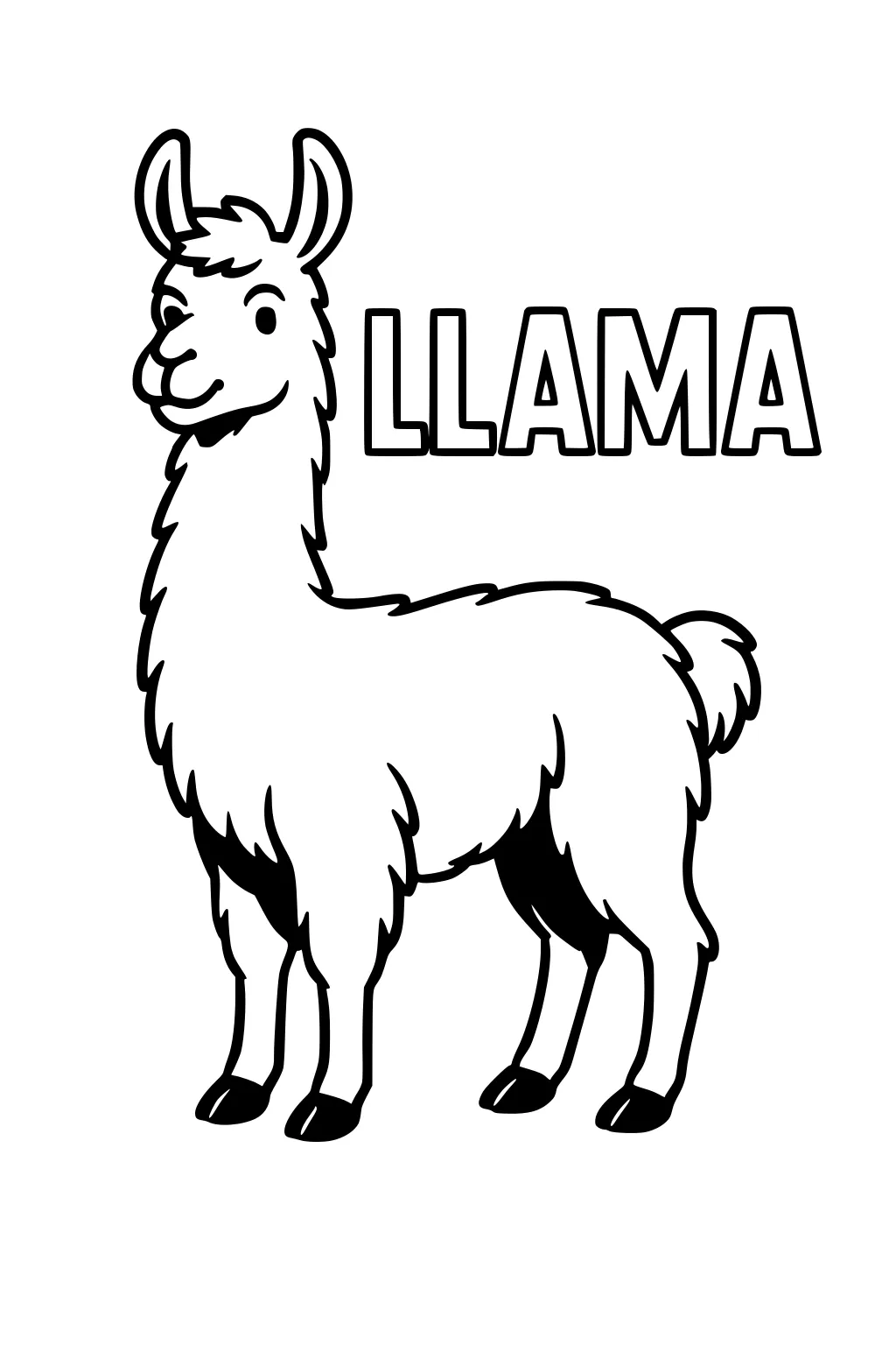Cartoon llama with fluffy fur standing next to large outlined text LLAMA. Simple, bold lines and friendly animal expression.