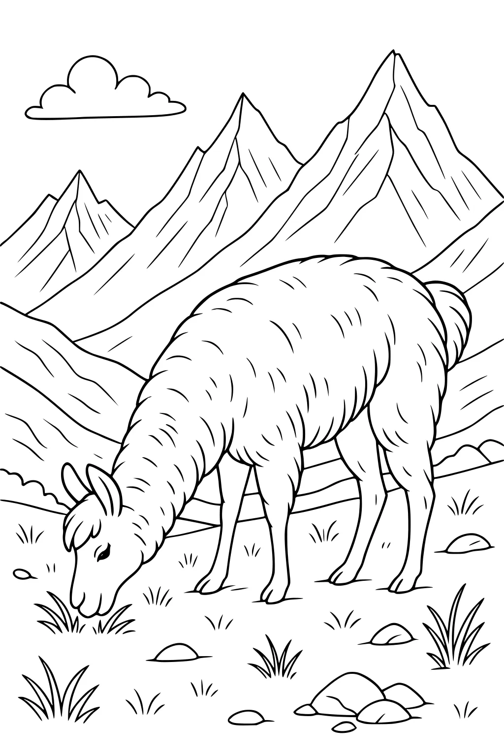 Llama eating grass in front of mountain peaks, scattered rocks, and patches of grass under one cloud.