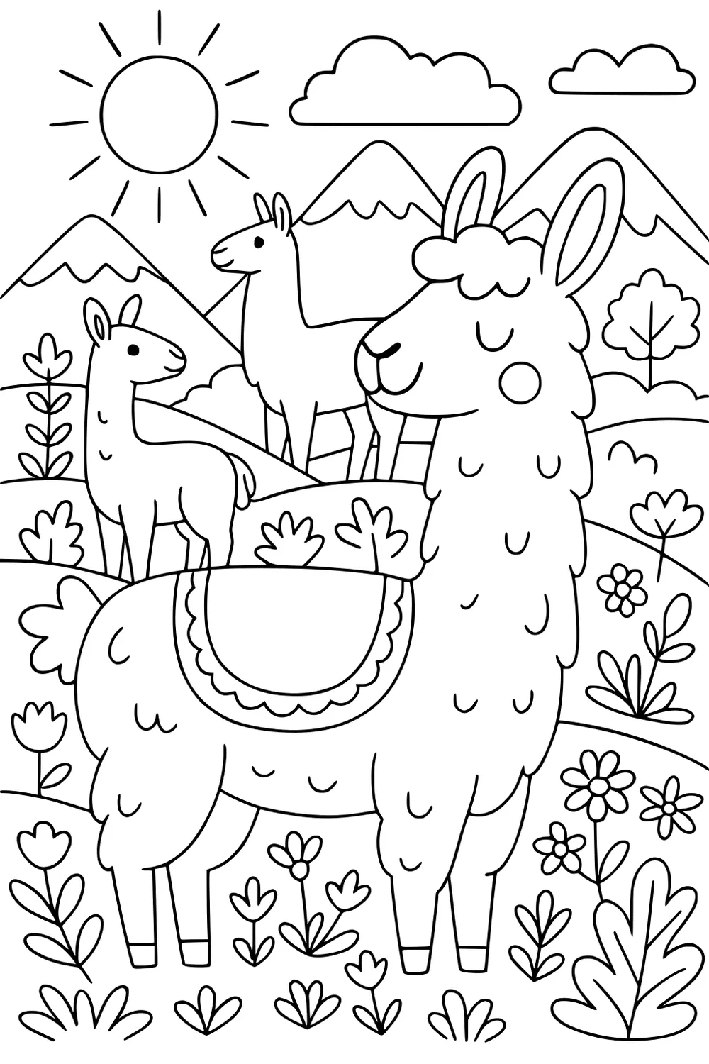 Three llamas standing on hills with flowers, mountains, fluffy clouds, and a large sun in the sky.