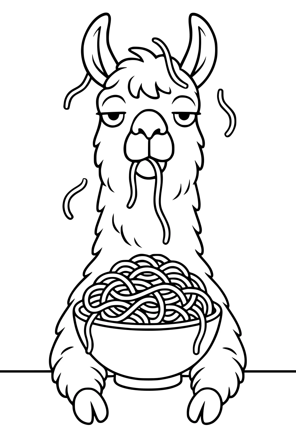 Llama with tired eyes sits at a table holding a big bowl of spaghetti, with noodles draped on its face and head.