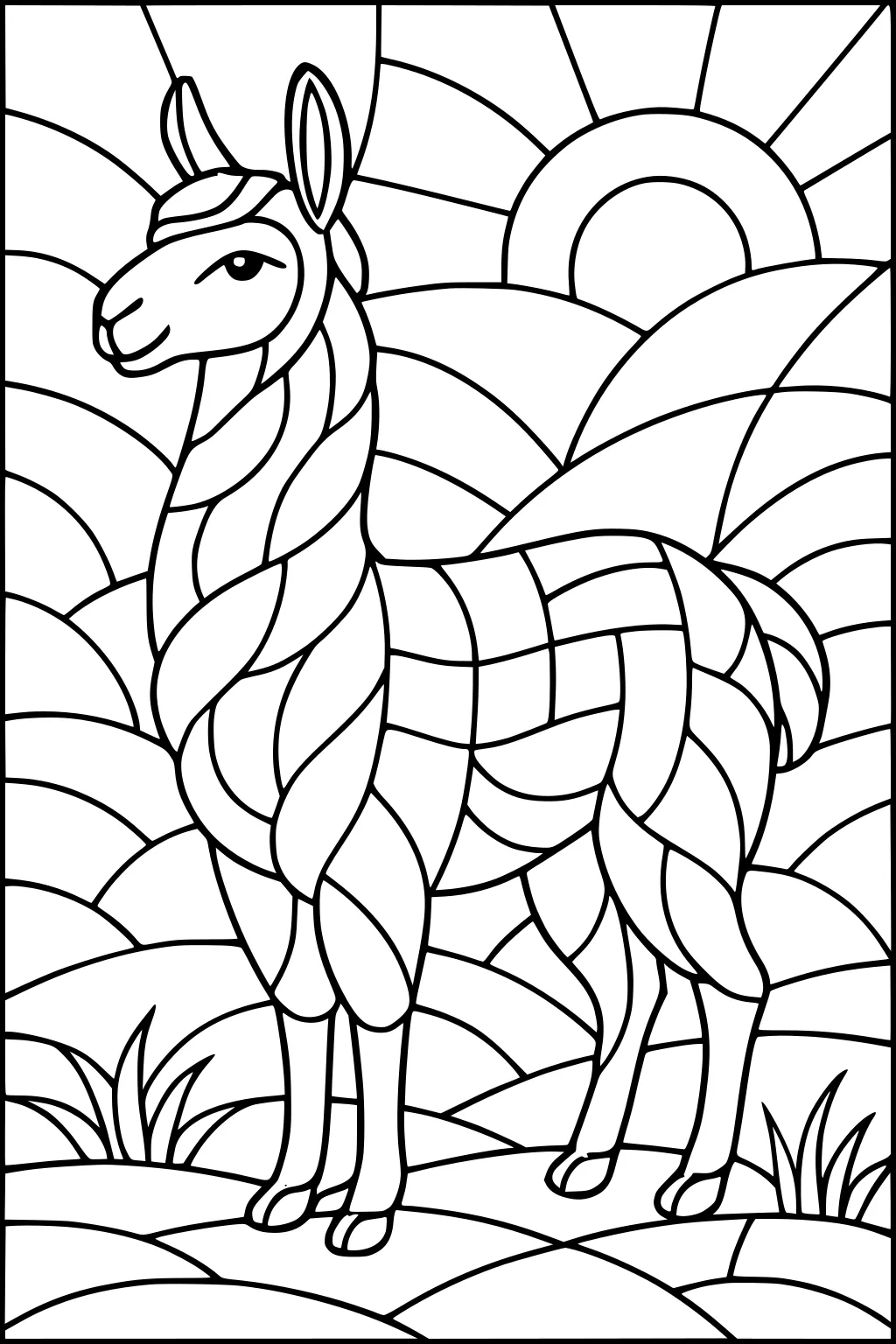 A llama with swirly fur stands on grassy hills under a shining sun, with bold lines forming hills and sunbeams.