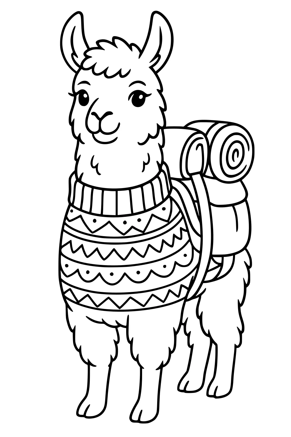 Llama with a patterned sweater and hiking gear, including a rolled blanket on its back, standing and facing forward.