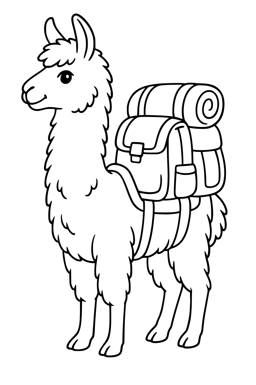 Fluffy llama standing upright with a large backpack and rolled-up blanket strapped to her back.
